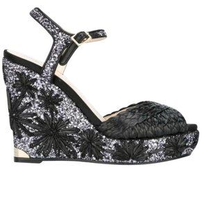 Jimmy Choo Perla 120 Embroidered Raffia Glitter Leather Wedge Sandals